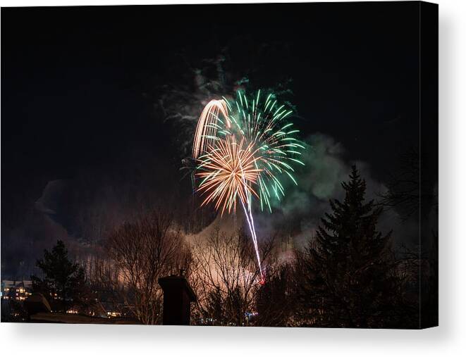 Fireworks Canvas Print featuring the photograph Winter Ski Resort Fireworks #18 by Chad Dikun