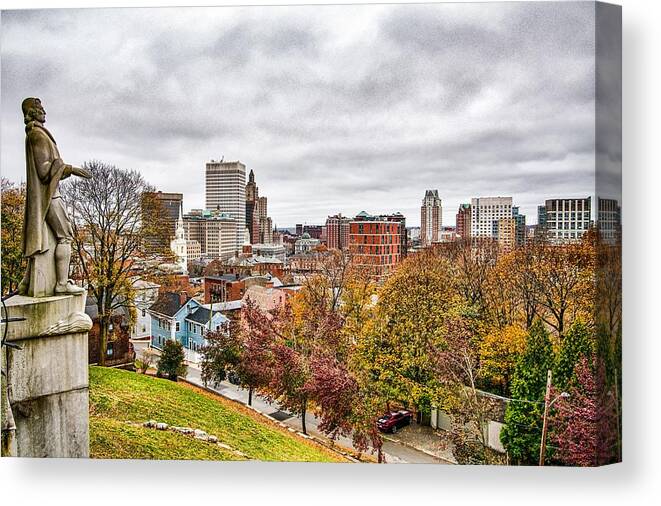 From Canvas Print featuring the photograph Providence rhode island skyline on a cloudy gloomy day #19 by Alex Grichenko