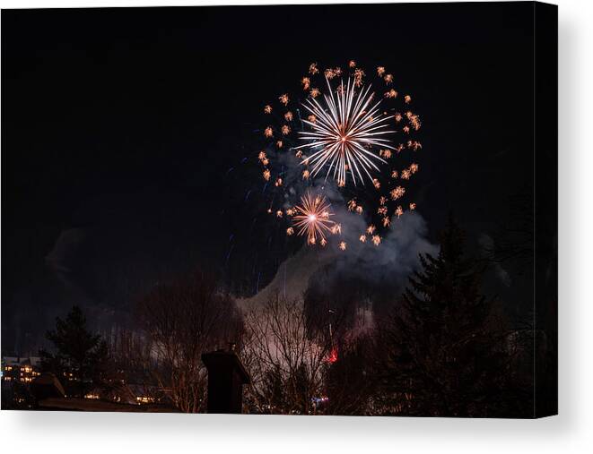 Fireworks Canvas Print featuring the photograph Winter Ski Resort Fireworks #19 by Chad Dikun