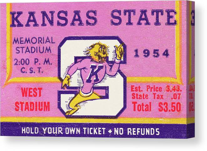1954 Canvas Print featuring the mixed media 1954 Kansas State Football Ticket Stub Remix Art by Row One Brand
