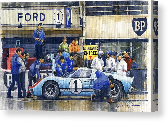 Shevchukart Canvas Print featuring the painting 1966 Le Mans 24 Pit Stop Ford GT40 MkII Ken Miles Denny Hulme by Yuriy Shevchuk