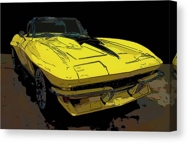 1967 Chevy Corvette Convertible Yellow Canvas Print featuring the drawing 1967 Chevy Corvette convertible yellow digital drawing by Flees Photos