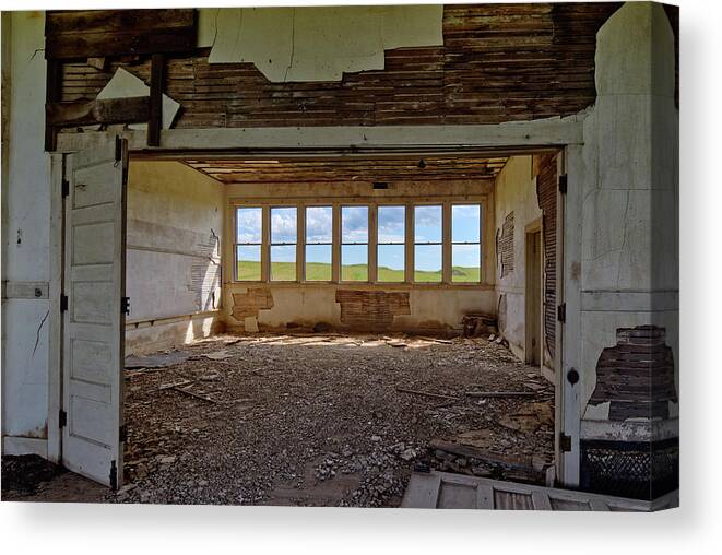 Charbonneau Canvas Print featuring the photograph Charbonneau ND Series - Schoolhouse Daydreaming window view #2 by Peter Herman