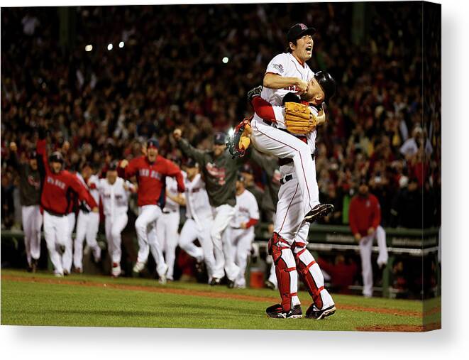Playoffs Canvas Print featuring the photograph David Ross and Koji Uehara #2 by Rob Carr