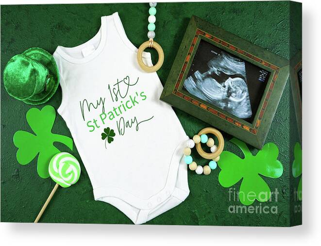 St Patrick Canvas Print featuring the photograph Happy St Patrick's Day baby wear onesie bodysuit mockup flatlay. #2 by Milleflore Images