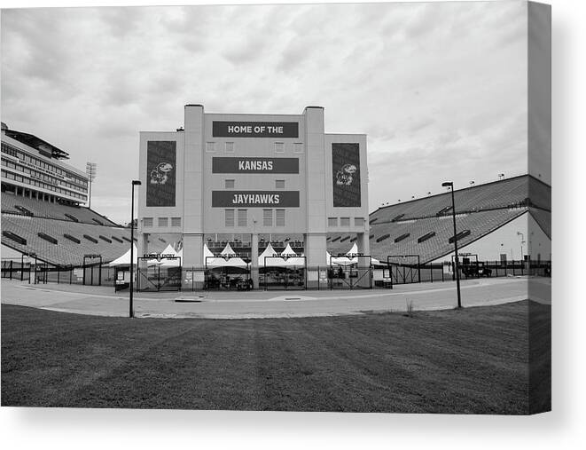 Kansas Jayhawks Stadium Canvas Print featuring the photograph Kansas Jayhawks football stadium in black and white by Eldon McGraw