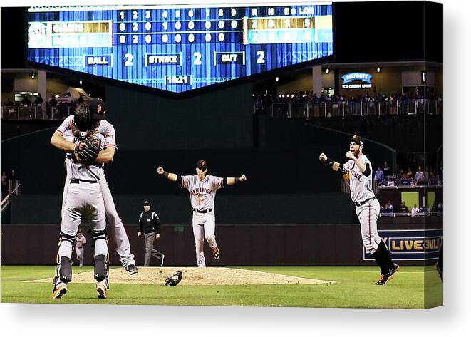 People Canvas Print featuring the photograph Madison Bumgarner and Buster Posey by Jamie Squire