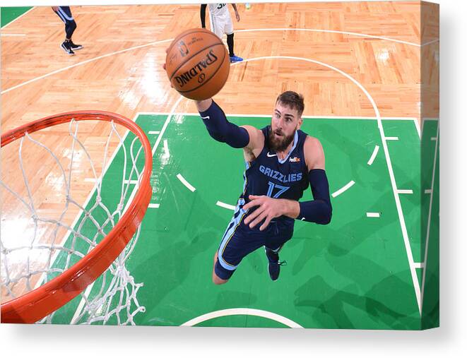 Jonas Valanciunas Canvas Print featuring the photograph Memphis Grizzlies v Boston Celtics #2 by Brian Babineau