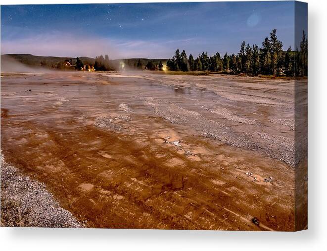 National Park Canvas Print featuring the photograph Night Photo Os Old Faithful Geisers In Yellowstone National Park #2 by Alex Grichenko