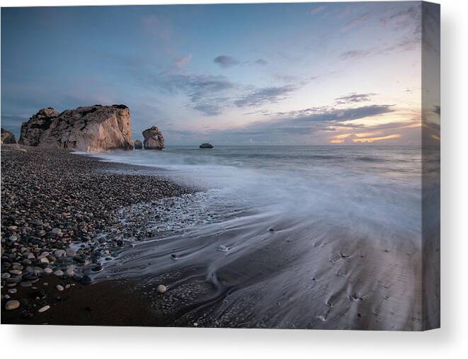 Seascape Canvas Print featuring the photograph Seascape with windy waves and moody sky during sunset #3 by Michalakis Ppalis