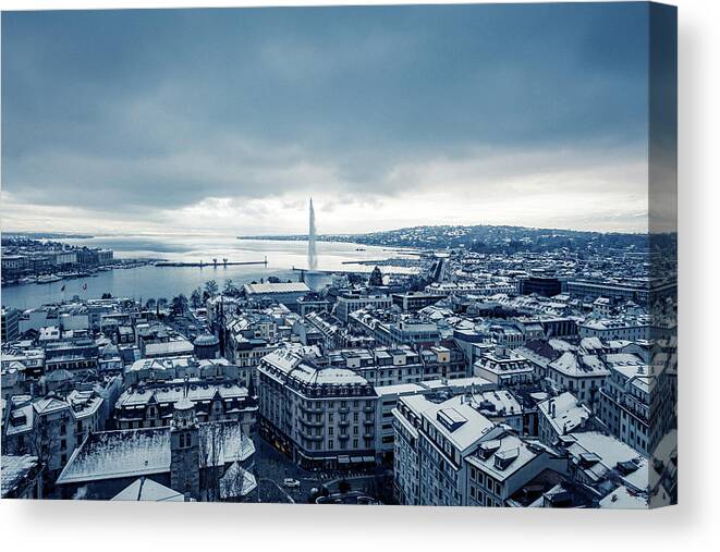 Outdoors Canvas Print featuring the photograph Snowing in Geneva during Winter #2 by Benoit Bruchez