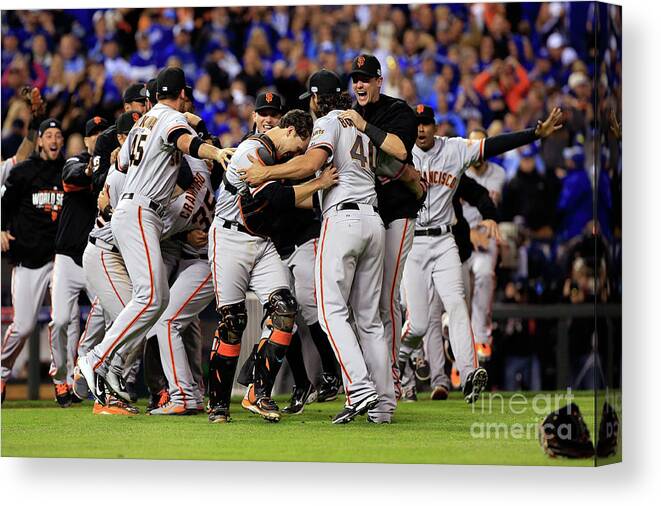 People Canvas Print featuring the photograph Madison Bumgarner and Buster Posey by Jamie Squire