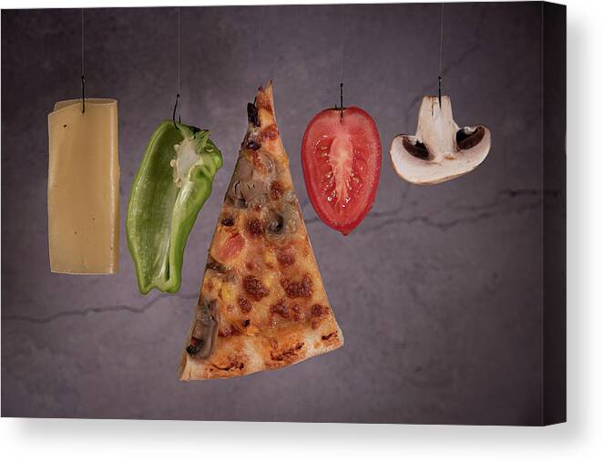 Pizza Canvas Print featuring the photograph Slice of mozzarella pizza tomato cheese peeper and mushroom ingredients by Michalakis Ppalis