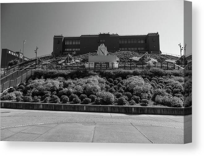 Pac 10 Canvas Print featuring the photograph Autzen Stadium at the University of Oregon in black and white #4 by Eldon McGraw