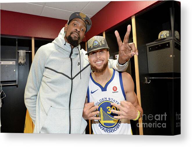 Kevin Durant Canvas Print featuring the photograph Stephen Curry and Kevin Durant #4 by Andrew D. Bernstein