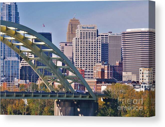 Cincinnati Canvas Print featuring the photograph 471 Bridge Over Ohio River - Cincy Newport Series by Lee Antle