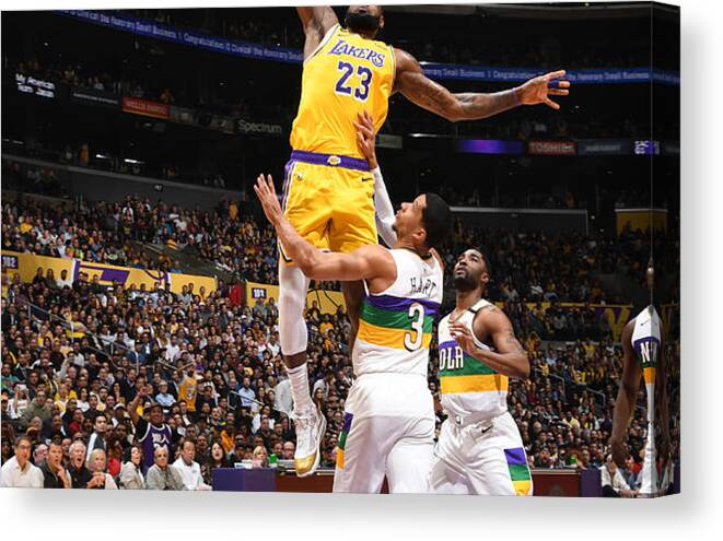 Nba Pro Basketball Canvas Print featuring the photograph Lebron James - Tribute to Kobe by Andrew Bernstein