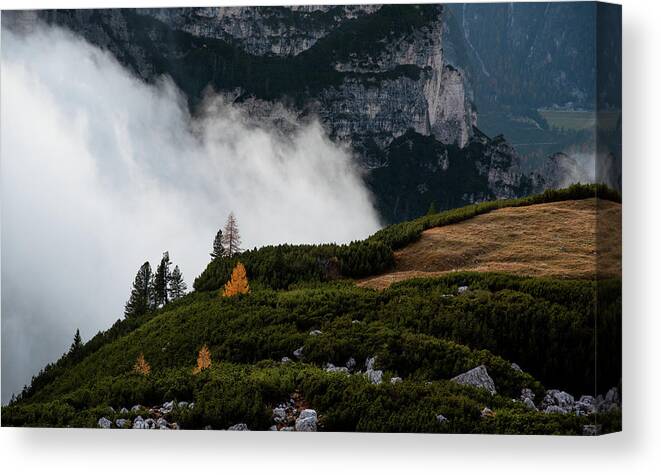 Italian Alps Canvas Print featuring the photograph Mountain landscape with fog in autumn. Tre Cime dolomiti Italy. by Michalakis Ppalis