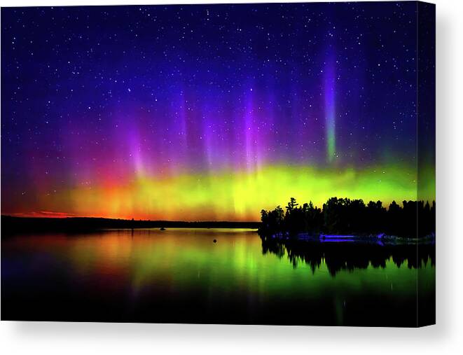 Northern Lights Canvas Print featuring the photograph Northern Lights over Boulder Lake #8 by Shixing Wen
