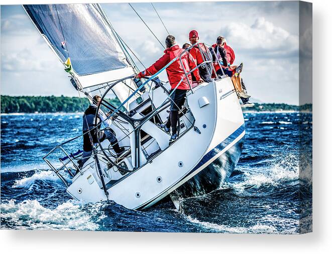 Adriatic Sea Canvas Print featuring the photograph Sailing crew on sailboat during regatta #9 by Mbbirdy