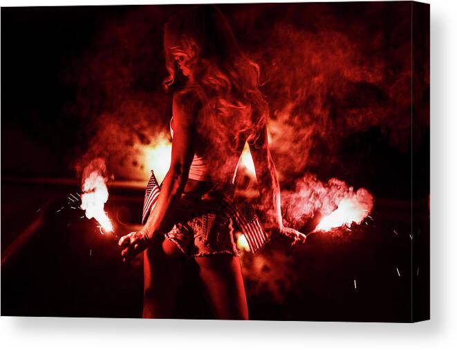 America 4th Of July Canvas Print featuring the photograph 9366 Piper Precious Patriot Sparklers Poolside Palm Springs by Amyn Nasser Fashion Photographer