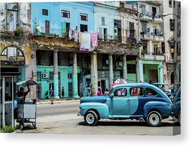 Cuba Canvas Print featuring the photograph A blue car on the street. Havana. Cuba by Lie Yim