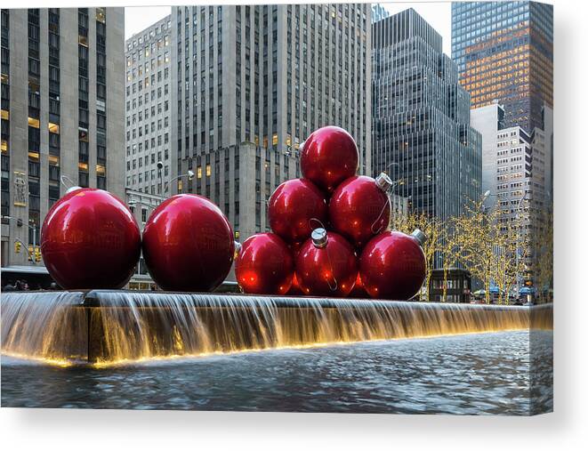 5th Avenue Canvas Print featuring the photograph A Christmas Card from New York City - a 5th Avenue Fountain with Giant Red Balls by Georgia Mizuleva