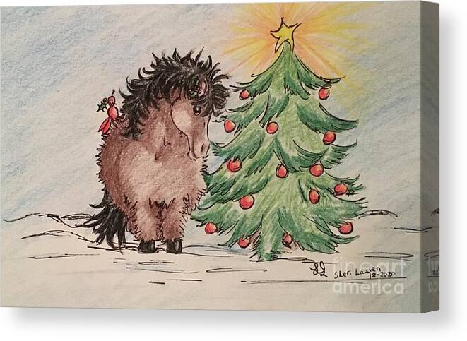Christmas Canvas Print featuring the drawing A Christmas Pony for My Mom by Sheri Lauren