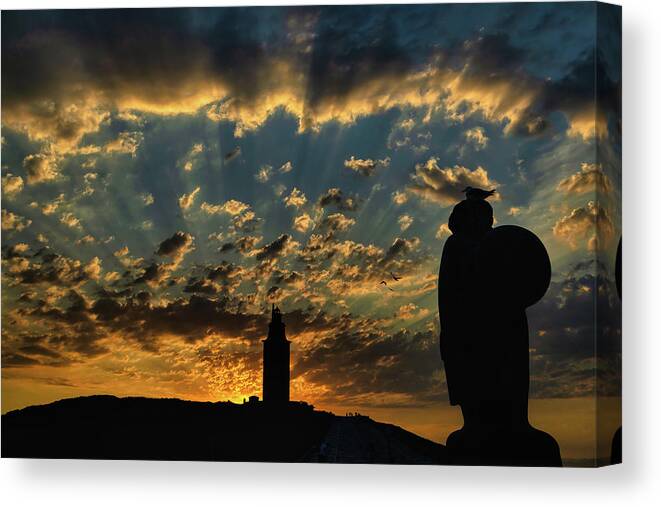 Statue Canvas Print featuring the photograph A Coruna Sunset by Micah Offman