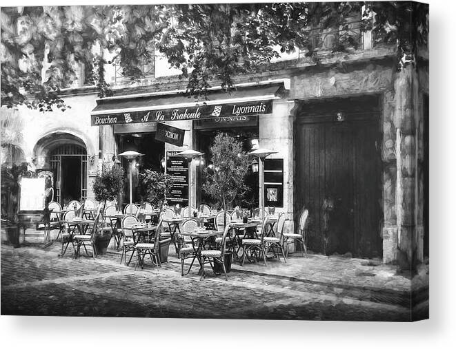 Lyon Canvas Print featuring the photograph A French Restaurant Vieux Lyon France Black and White by Carol Japp