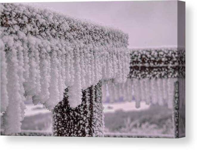 Winter Canvas Print featuring the photograph A Frozen Handrail by Dale Kauzlaric