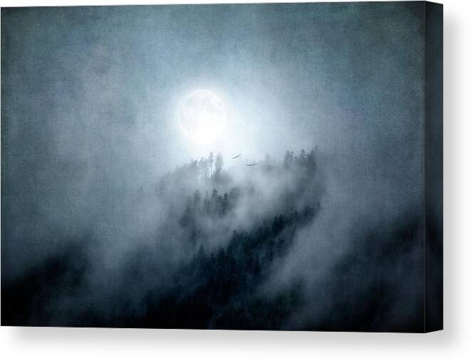 Landscape Canvas Print featuring the photograph A Moon in the Mist by Philippe Sainte-Laudy