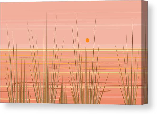 A Peachy Day - Peach Seascape With An Orange Sun Canvas Print featuring the digital art A Peachy Day - Peach Seascape with an Orange Sun by Val Arie