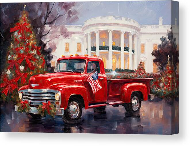 Christmas Art Canvas Print featuring the painting A Red Truck in the Nation's Capital by Lourry Legarde