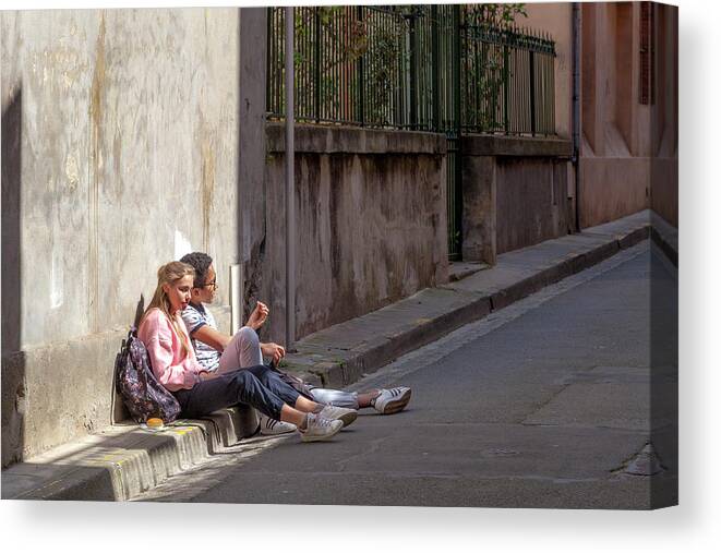 France Canvas Print featuring the photograph A Warm Spot, Young Friends, and Lunch by W Chris Fooshee
