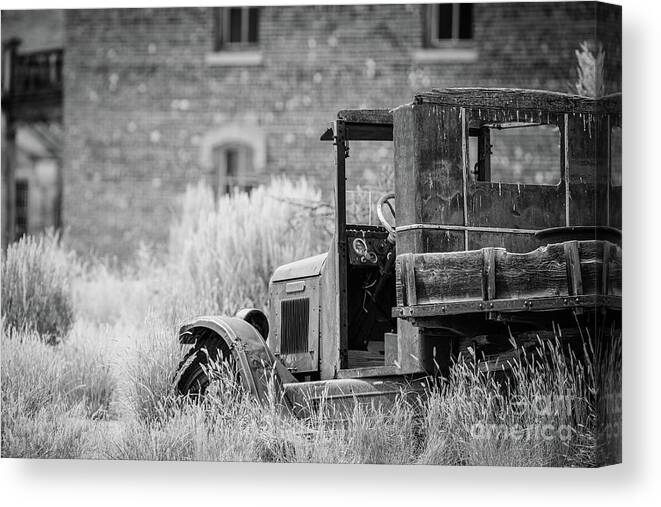 Ghost Canvas Print featuring the photograph Abandoned Ghost Town Truck Bannack Montana BW by Edward Fielding