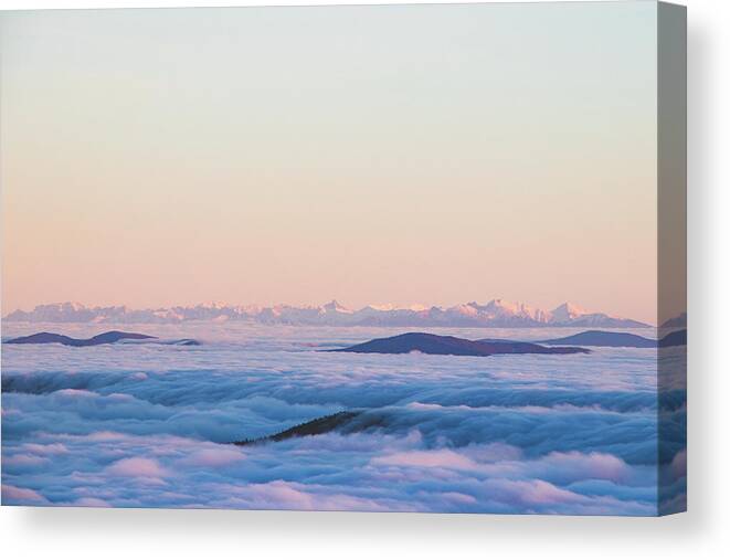 Transportation Canvas Print featuring the photograph Above clouds and sunset - High Tatras, Slovakia by Vaclav Sonnek