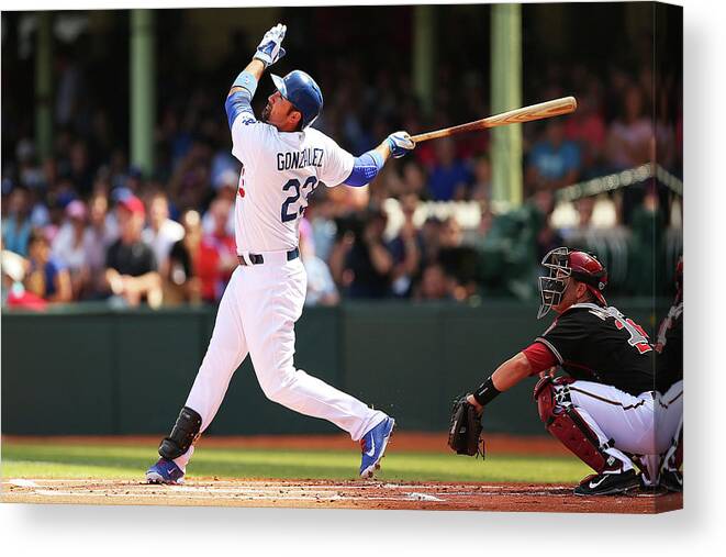 Los Angeles Dodgers Canvas Print featuring the photograph Adrian Gonzalez by Brendon Thorne
