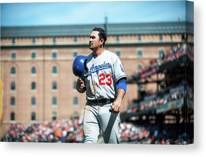 American League Baseball Canvas Print featuring the photograph Adrian Gonzalez by Rob Tringali