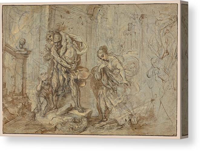 Federico Barocci Canvas Print featuring the drawing Aeneas Saving Anchises at the Fall of Troy by Federico Barocci