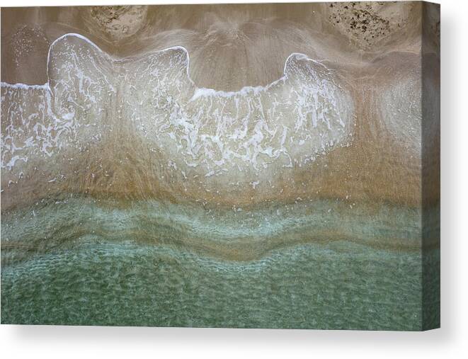 Golden Sand Canvas Print featuring the photograph Aerial view drone of empty tropical sandy beach with golden sand. Seascape background by Michalakis Ppalis