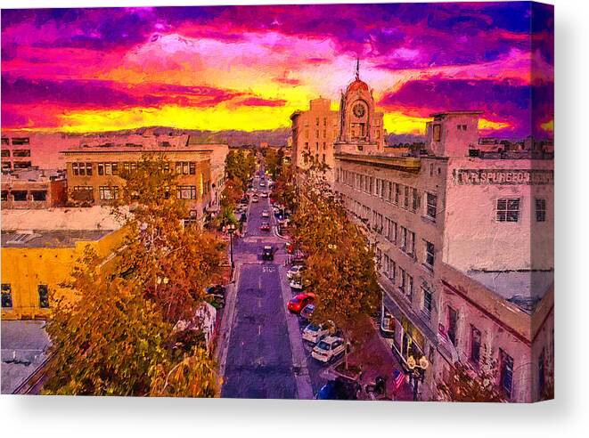 W 4th Street Canvas Print featuring the digital art Aerial view of W 4th Street in downtown Santa Ana - digital painting by Nicko Prints