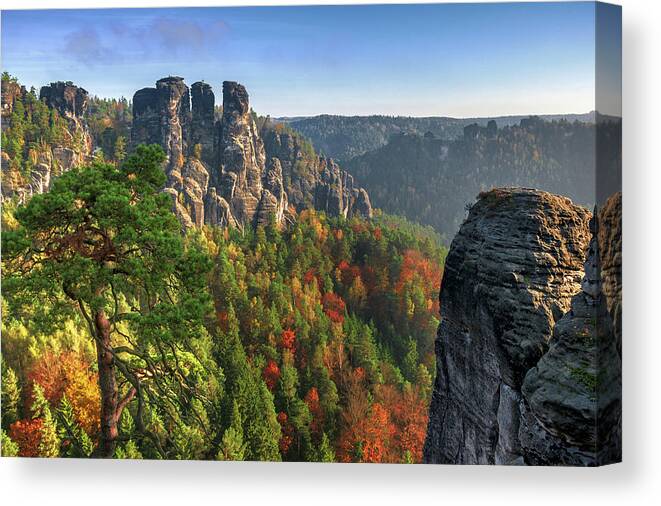 Saxon Switzerland Canvas Print featuring the photograph After sunrise on the Bastei rocks by Sun Travels