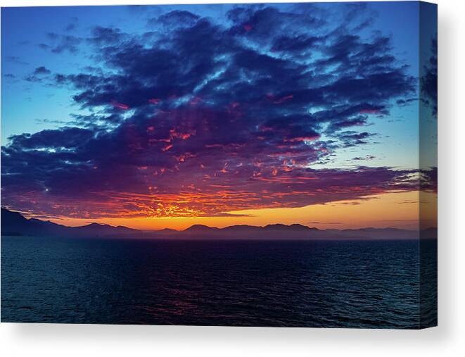 Alaska Canvas Print featuring the digital art Alaska Inside Passage Sunset V by SnapHappy Photos