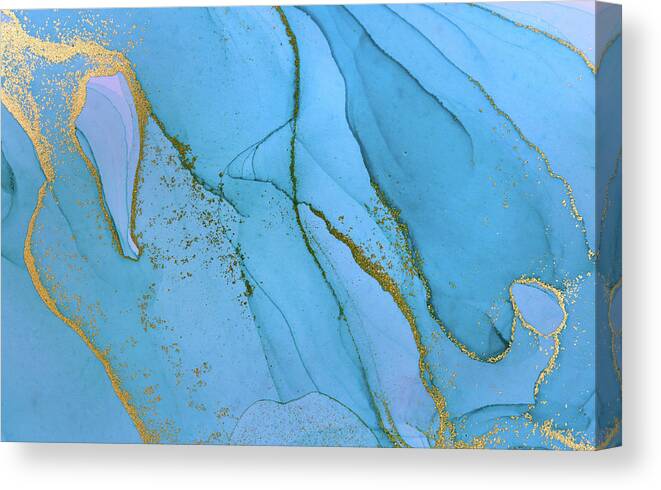 Blue Canvas Print featuring the painting Alcohol ink blue and gold abstract background. Ocean style water by Tony Rubino