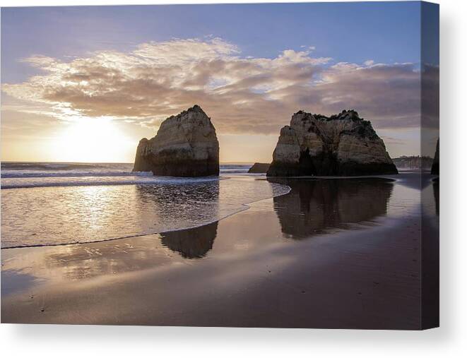 Algarve Canvas Print featuring the photograph Algarve Sunset With Rock Formations by Rebecca Herranen