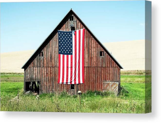 Farm Canvas Print featuring the photograph American Flag on Barn by Connie Carr