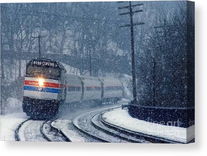 Train Canvas Print featuring the photograph Amtrak in the Snow by Thomas Marchessault