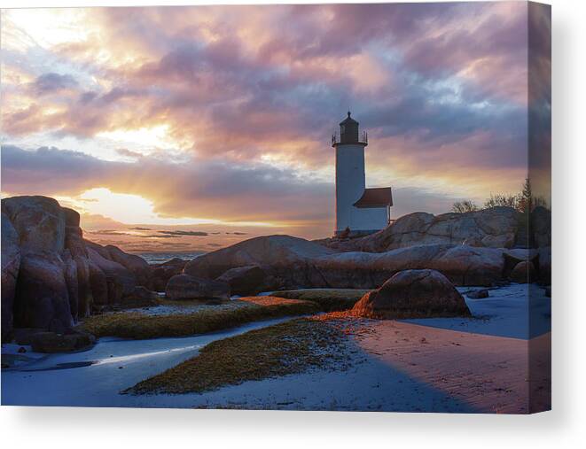 Annisquam Lighthouse Canvas Print featuring the photograph Annisquam Lighthouse Sunset by Jeff Folger