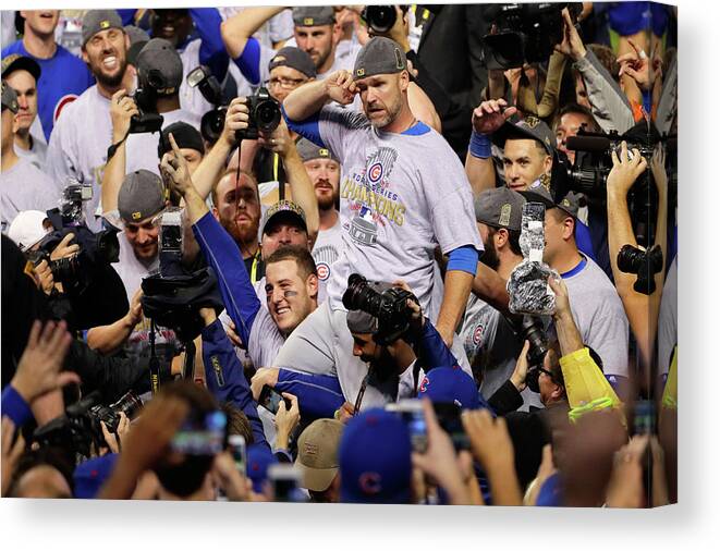 American League Baseball Canvas Print featuring the photograph Anthony Rizzo, David Ross, and Jason Heyward by Jamie Squire